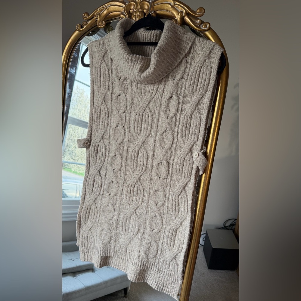 Cable Knit Cowl Neck Sleeveless Sweater Vest in Beige